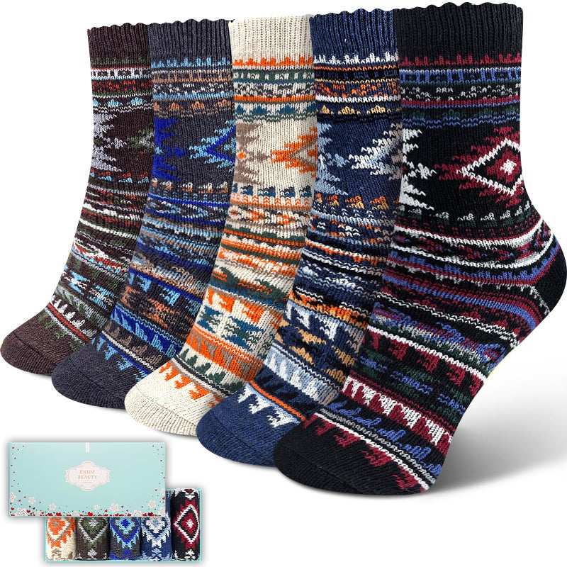 ICEIVY Womens Socks 5 Pair Wool Warm Cotton Thick Vintage Casual Winter Cabin Crew Fuzzy Socks Ideal Gifts - Image 1
