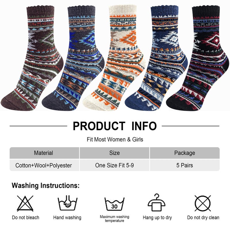 ICEIVY Womens Socks 5 Pair Wool Warm Cotton Thick Vintage Casual Winter Cabin Crew Fuzzy Socks Ideal Gifts - Image 3
