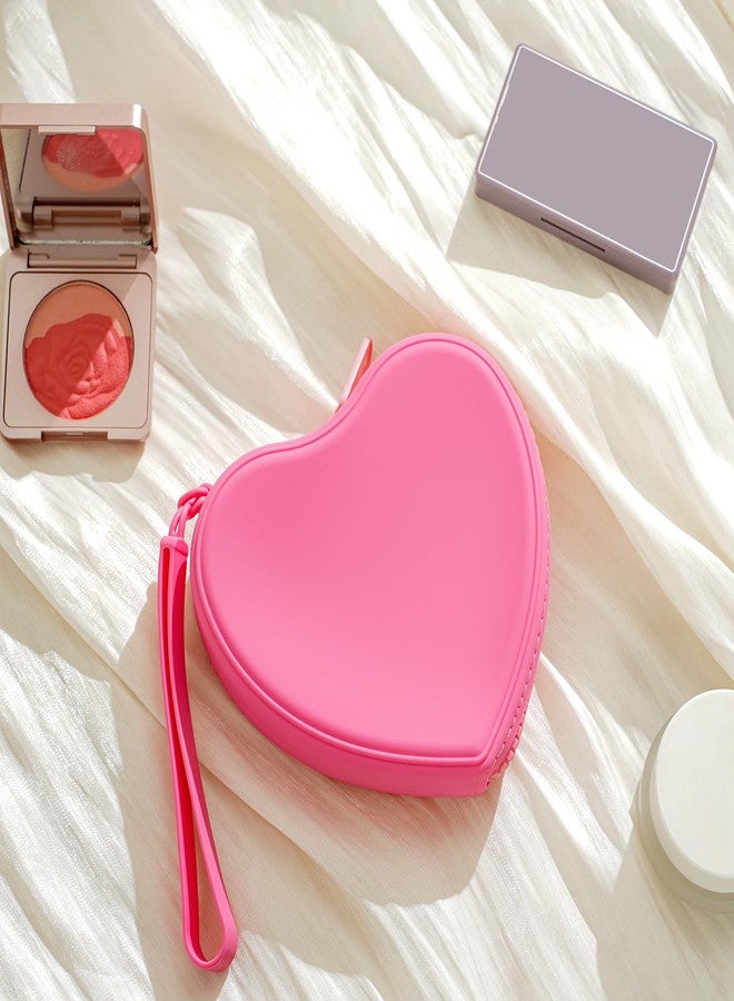 JOVAKIT Small Heart Shaped Portable Silicone Makeup Bag for Women, Travel Waterproof Cosmetic Bag Gifts for Women Girls, Zipper Closure Makeup Case with Handle, 02 Red - Image 2