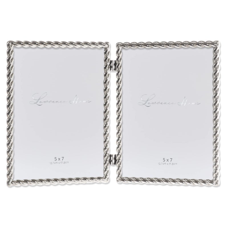 Lawrence Frames 5x7 Hinged Double Cast Metal Picture Frames  Silver Rope Design - Image 1