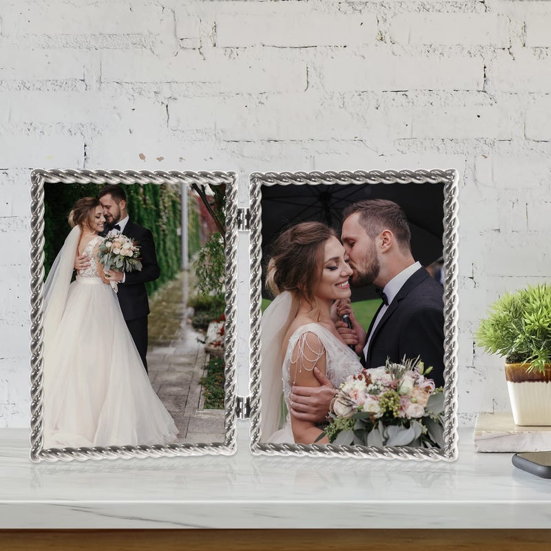 Lawrence Frames 5x7 Hinged Double Cast Metal Picture Frames  Silver Rope Design - Image 3
