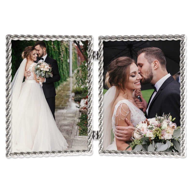 Lawrence Frames 5x7 Hinged Double Cast Metal Picture Frames  Silver Rope Design - Image 2