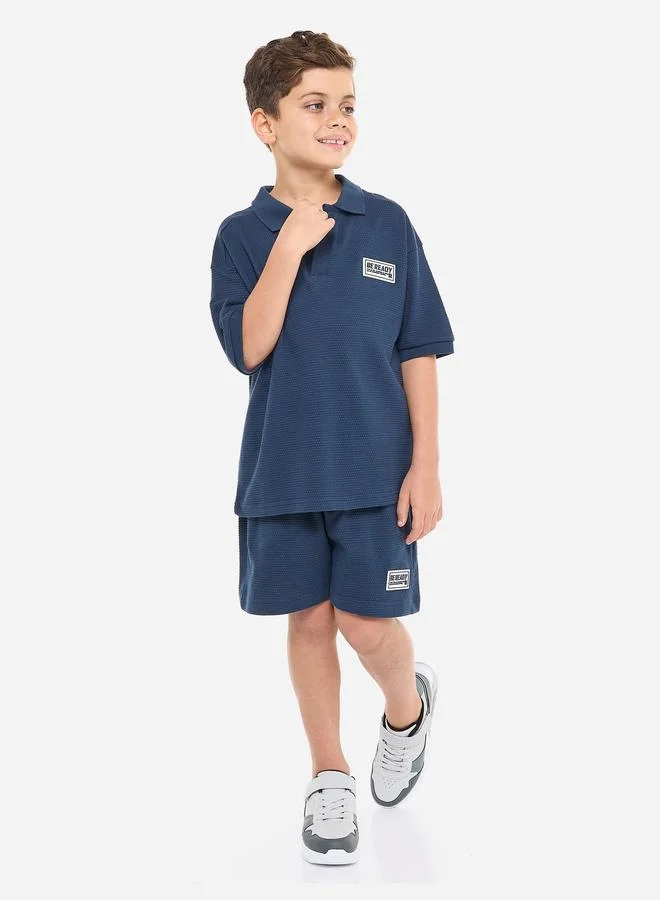 victor and jane Victor And Jane Boys Textured Polo T-Shirt and Patch Detail Shorts Set