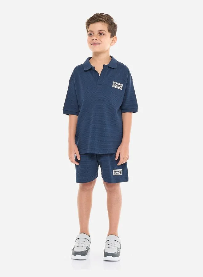 victor and jane Victor And Jane Boys Textured Polo T-Shirt and Patch Detail Shorts Set