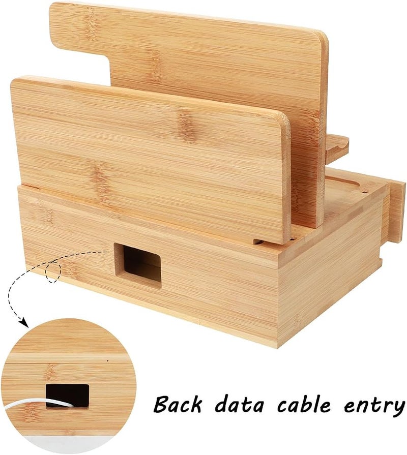 Gocokia Multifunctional Bamboo Stands, Dual Cell Phone Holder, Tablet Storage Stand, Watch Storage Hanger, Bamboo Cell Phone Holder with Drawer - Image 5