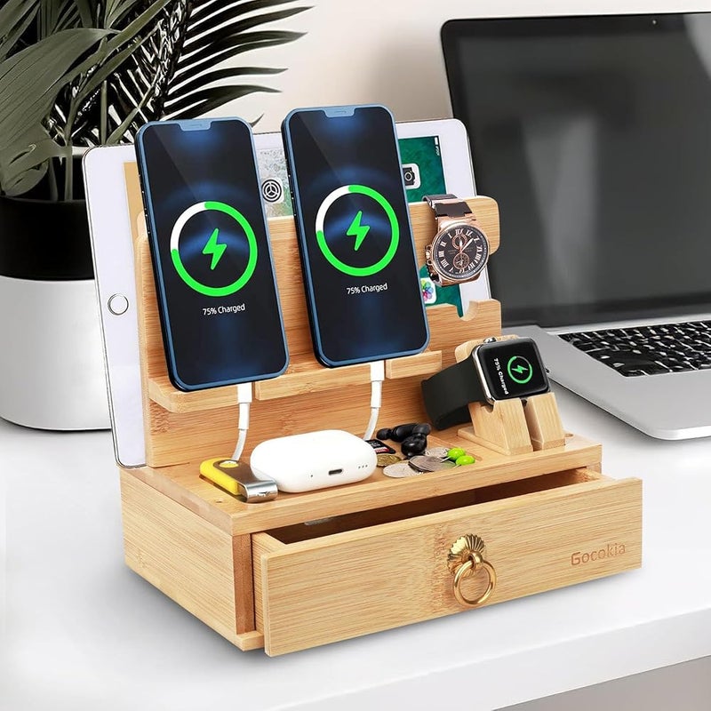 Gocokia Multifunctional Bamboo Stands, Dual Cell Phone Holder, Tablet Storage Stand, Watch Storage Hanger, Bamboo Cell Phone Holder with Drawer - Image 2