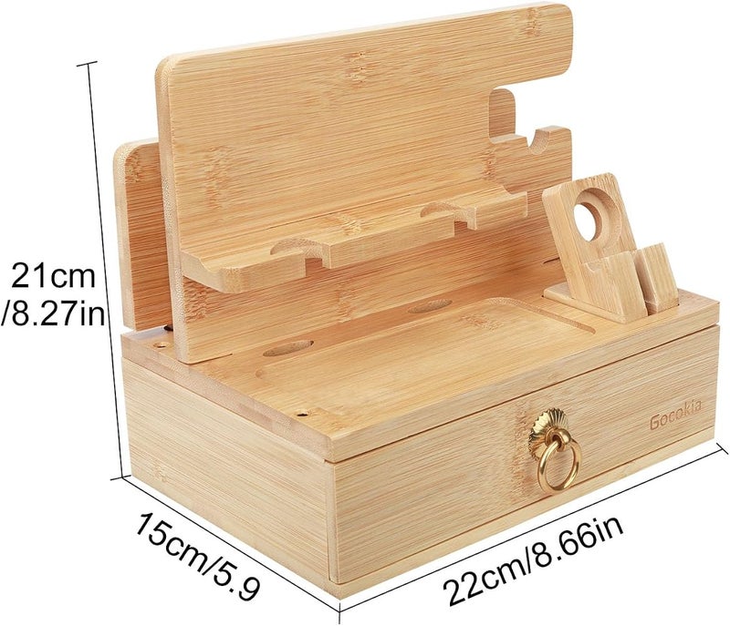 Gocokia Multifunctional Bamboo Stands, Dual Cell Phone Holder, Tablet Storage Stand, Watch Storage Hanger, Bamboo Cell Phone Holder with Drawer - Image 3