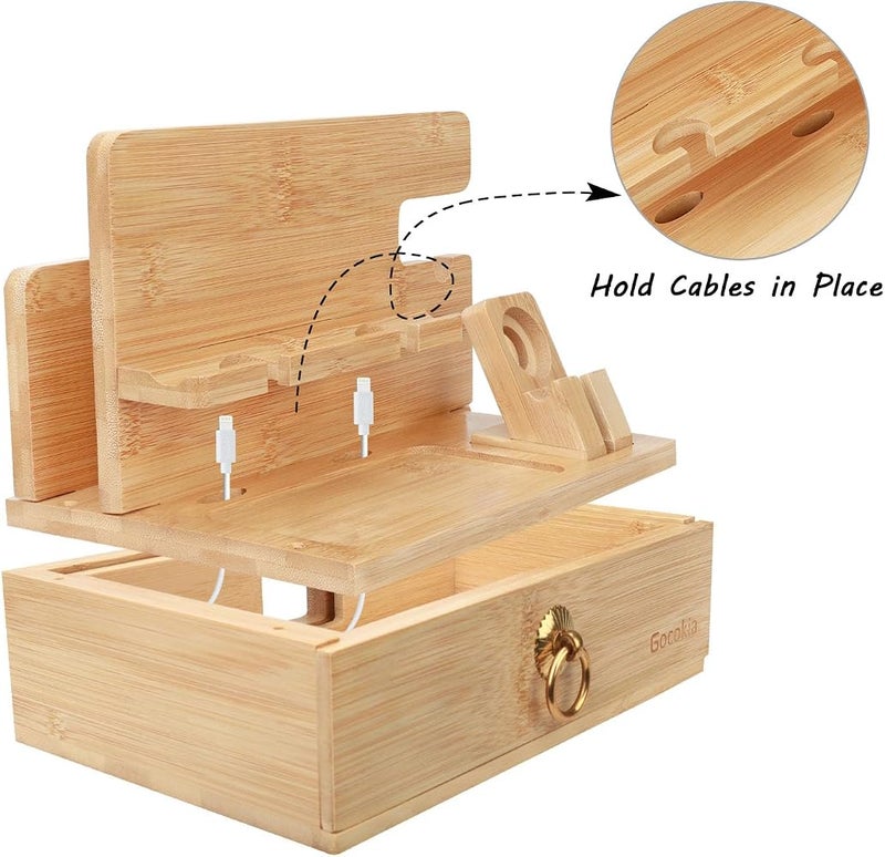 Gocokia Multifunctional Bamboo Stands, Dual Cell Phone Holder, Tablet Storage Stand, Watch Storage Hanger, Bamboo Cell Phone Holder with Drawer - Image 4