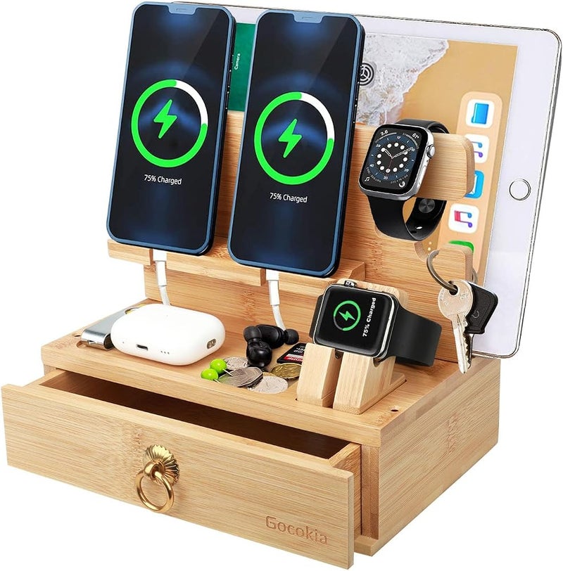 Gocokia Multifunctional Bamboo Stands, Dual Cell Phone Holder, Tablet Storage Stand, Watch Storage Hanger, Bamboo Cell Phone Holder with Drawer - Image 1