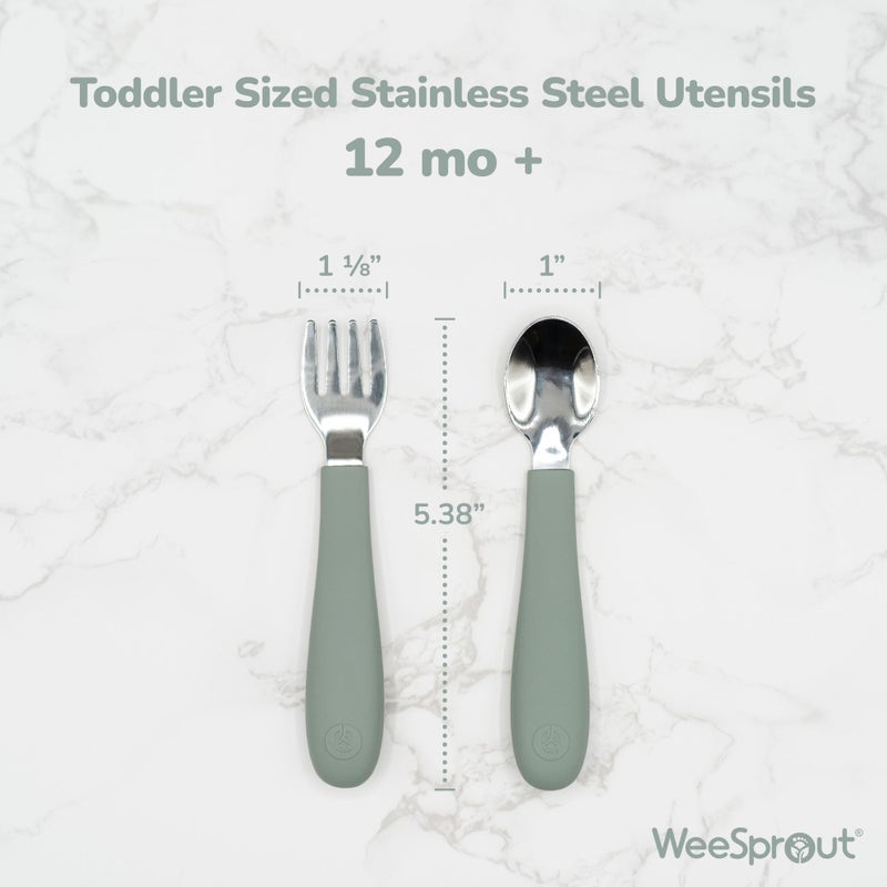 WeeSprout Toddler Utensils, 3 Forks & 3 Spoons, 18/8 Stainless Steel & Food Grade Silicone, Thick Easy-Grip Handles, Perfect Length For New Self Feeders, Gentle On Gums & Teeth, Dishwasher Safe - Image 2