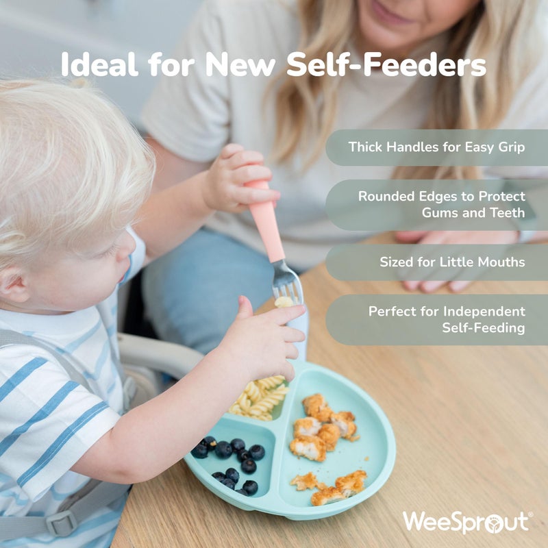 WeeSprout Toddler Utensils, 3 Forks & 3 Spoons, 18/8 Stainless Steel & Food Grade Silicone, Thick Easy-Grip Handles, Perfect Length For New Self Feeders, Gentle On Gums & Teeth, Dishwasher Safe - Image 4