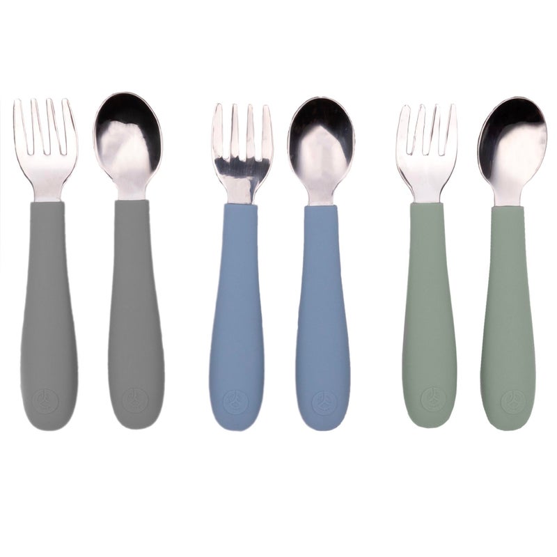 WeeSprout Toddler Utensils, 3 Forks & 3 Spoons, 18/8 Stainless Steel & Food Grade Silicone, Thick Easy-Grip Handles, Perfect Length For New Self Feeders, Gentle On Gums & Teeth, Dishwasher Safe - Image 1