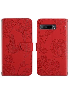 HuHa Case Cover For Asus ROG Phone 3 ZS661KS Skin Feel Butterfly Peony Embossed Leather Phone Case Red 