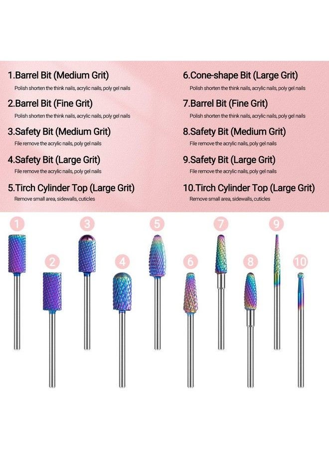 MelodySusie - Nail Drill Bits Set 10Pcs Tungsten Carbide Nail Bits For Nail Drill Efile 3/32 Inch Bits Manicure Pedicure Remover Tools For Acrylic Gel Nails Salon Home Nail Care Supplies Colorful - Image 1