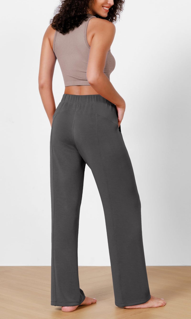 ODODOS Women's Modal Soft Wide Leg Pants Elastic High Waist Casual Lounge Relaxed Pants with Pockets - 27" Inseam, Charcoal, X-Small - Image 4