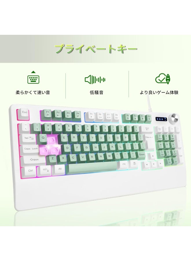 Gaming Keyboard USB Wired RGB LED Backlit Multimedia Volume Knob Wrist Guard Shatterproof Ergonomic Design Fit PC Xbox PS Series Desktop Green White - Image 5