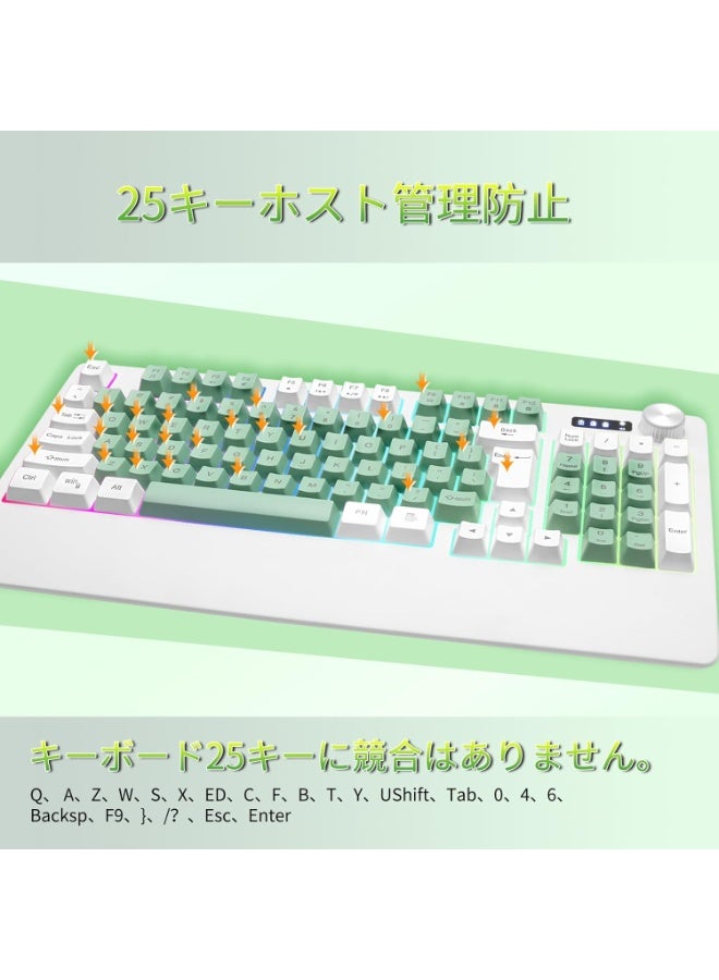 Gaming Keyboard USB Wired RGB LED Backlit Multimedia Volume Knob Wrist Guard Shatterproof Ergonomic Design Fit PC Xbox PS Series Desktop Green White - Image 2