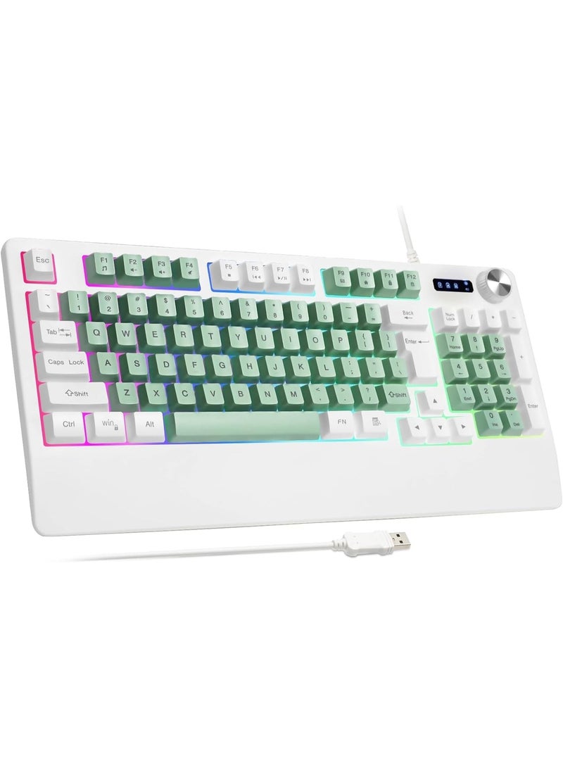 Gaming Keyboard USB Wired RGB LED Backlit Multimedia Volume Knob Wrist Guard Shatterproof Ergonomic Design Fit PC Xbox PS Series Desktop Green White - Image 1