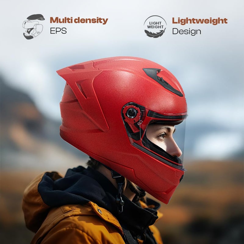 STUDDS خوذة دراجة نارية كاملة الوجه مع شهادة رايدر إيسي للرجال والنساء مع جناح وغطاء شفاف (أحمر-XL) - Image 5