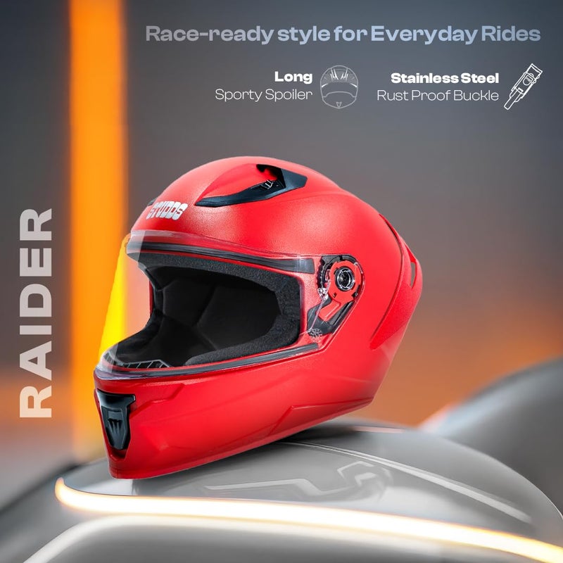 STUDDS خوذة دراجة نارية كاملة الوجه مع شهادة رايدر إيسي للرجال والنساء مع جناح وغطاء شفاف (أحمر-XL) - Image 2