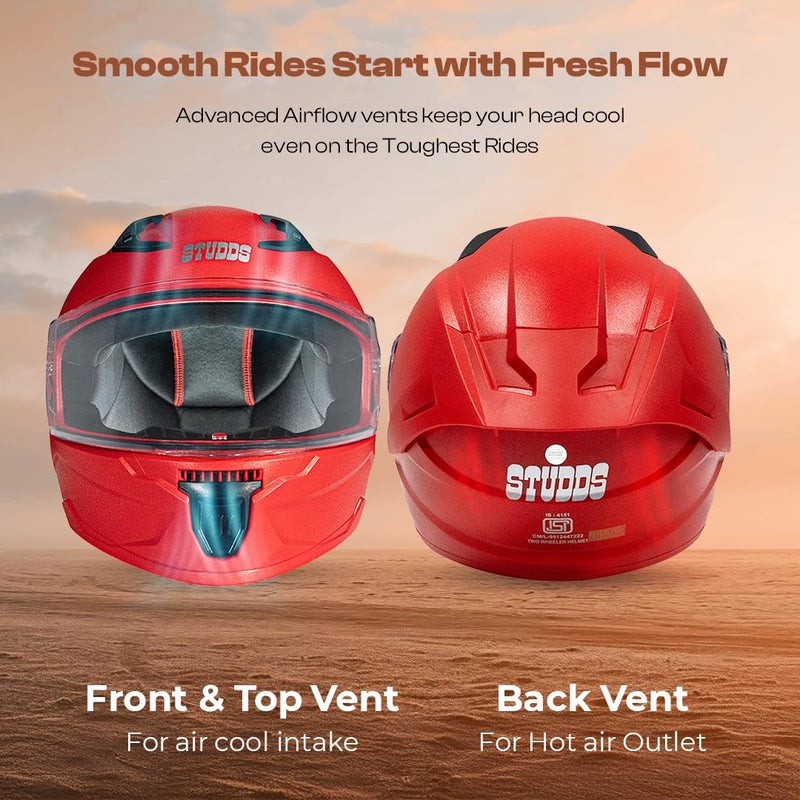 STUDDS خوذة دراجة نارية كاملة الوجه مع شهادة رايدر إيسي للرجال والنساء مع جناح وغطاء شفاف (أحمر-XL) - Image 3