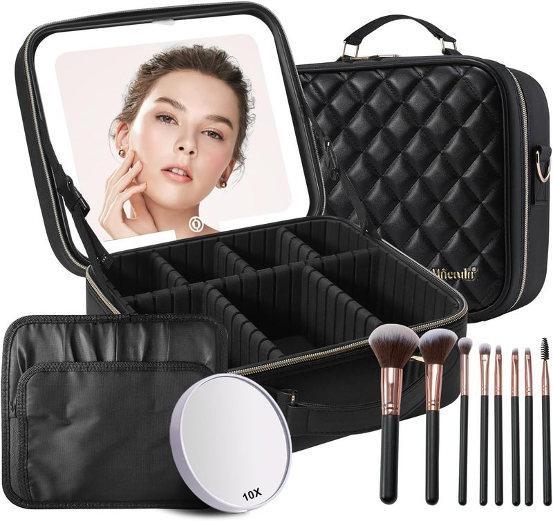 Mocado Travel Makeup Bag with LED Lighted Mirror,Travel Makeup Organizer, Makeup Case with 8 Makeup Brushes and 10x Magnifying Mirror, 3 Color Lighting, Adjustable Divider Makeup Box(Black Lozenge) - Image 1