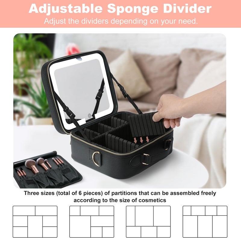 Mocado Travel Makeup Bag with LED Lighted Mirror,Travel Makeup Organizer, Makeup Case with 8 Makeup Brushes and 10x Magnifying Mirror, 3 Color Lighting, Adjustable Divider Makeup Box(Black Lozenge) - Image 3