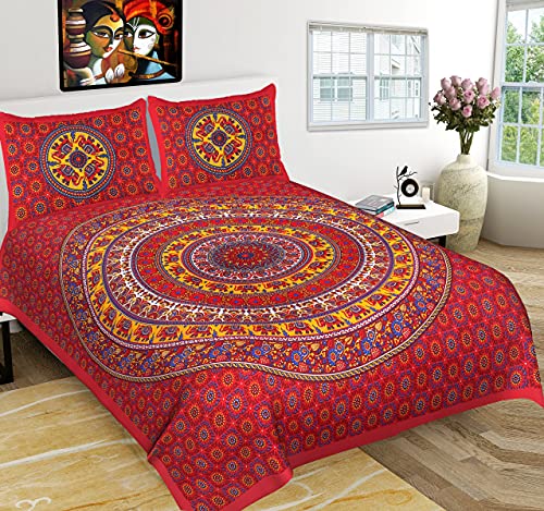 EarlyMart Cotton 180 TC Rajasthani Jaipuri Double Bed Bedsheet with 2 Pillow Covers (Jaipuri_018, Red, King Size, Pack of 1) - Image 1