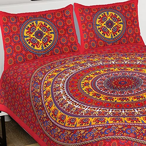 EarlyMart Cotton 180 TC Rajasthani Jaipuri Double Bed Bedsheet with 2 Pillow Covers (Jaipuri_018, Red, King Size, Pack of 1) - Image 2
