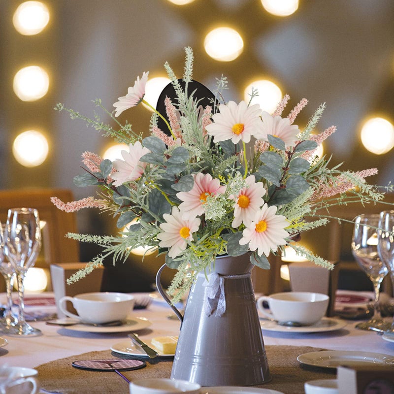 HO2NLE 2 Bundles Artificial Wildflowers Fake Daisy Flowers Bouquet Silk Flower with Stems Faux Daisies Eucalyptus Pink Floral Arrangement for Farmhouse Party Table Centerpieces Home Indoor Decoration - Image 4
