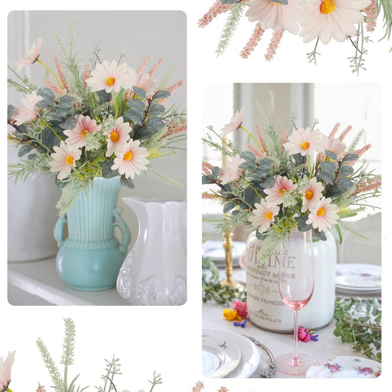HO2NLE 2 Bundles Artificial Wildflowers Fake Daisy Flowers Bouquet Silk Flower with Stems Faux Daisies Eucalyptus Pink Floral Arrangement for Farmhouse Party Table Centerpieces Home Indoor Decoration - Image 2