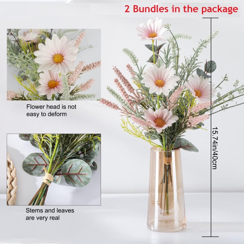 HO2NLE 2 Bundles Artificial Wildflowers Fake Daisy Flowers Bouquet Silk Flower with Stems Faux Daisies Eucalyptus Pink Floral Arrangement for Farmhouse Party Table Centerpieces Home Indoor Decoration - Image 3