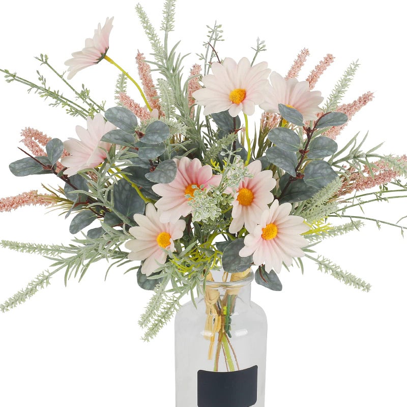 HO2NLE 2 Bundles Artificial Wildflowers Fake Daisy Flowers Bouquet Silk Flower with Stems Faux Daisies Eucalyptus Pink Floral Arrangement for Farmhouse Party Table Centerpieces Home Indoor Decoration - Image 1