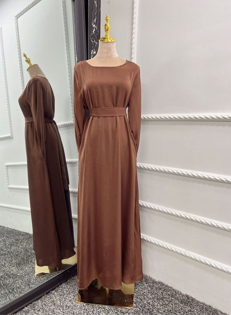 إسكدنيا Muslim Abaya Dress, Fashion Summer Solid Round Neck Kimono Islamic Abaya, Comfortable Breathable Turkish Islamic Robe Dress for Women for Home, Prayer, Outdoor, Festival, ( Size L, Brown) - Image 1