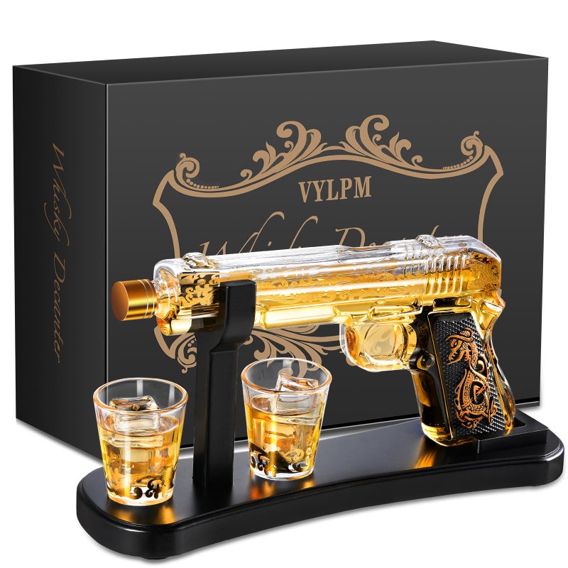 Handcrafted Gun Whiskey Decanter Set Luxury LeadFree Glass Unique NonAlcoholic Gift for Men Husbands Bourbon Lovers Man Cave  Home Bar Decor with 2 Glasses by VYLPM