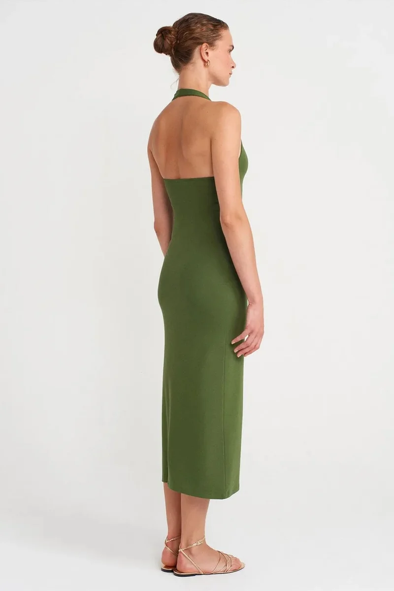 Dilvin Olive Green DILVIN Women's Halter Neck Bodycon Midi Dress for Women | Best Price UAE