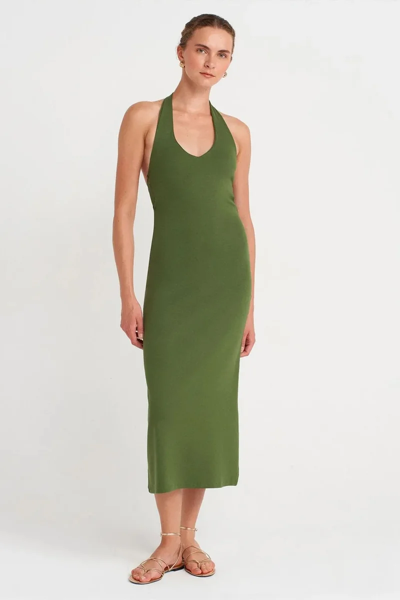 DILVIN Women's Halter Neck Bodycon Midi Dress