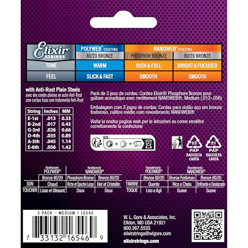 ELIXIR أوتار إلكسير® 16546 أكوستيك فوسفور برونز مع طلاء NANOWEB®، عبوة 3، قياس متوسط (.013-.056) - Image 2