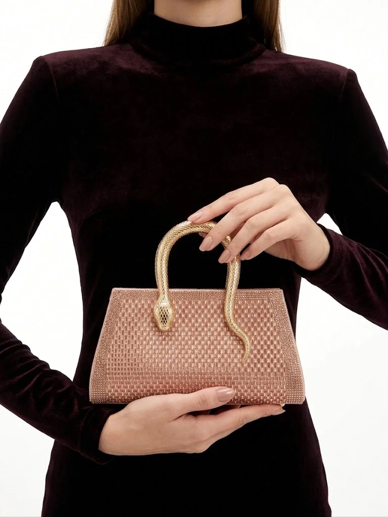 Viny Champagne Viny Women's Luxury Rhinestone Shoulder Bag – Snake Handle for Women | Best Price UAE