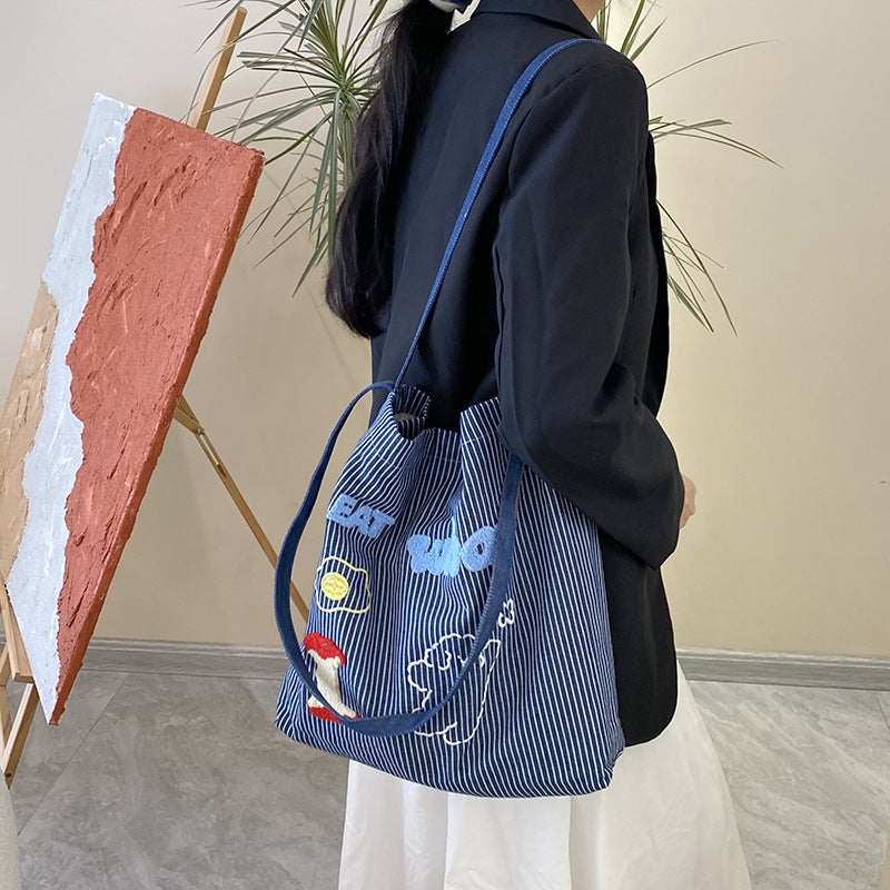 Korean Style Niche Simple Fashion Striped Canvas Bag Large Capacity Casual All-Match Shoulder Tote Bag - Image 1