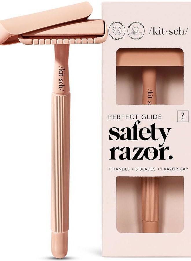 Kitsch Double Edge Safety Razors for Women and Men, Long Metal Handle and Stainless Steel Single Blade Razor with 5 Double Edge Refills, for Shaving and Travel Essentials - Terracotta - Image 1