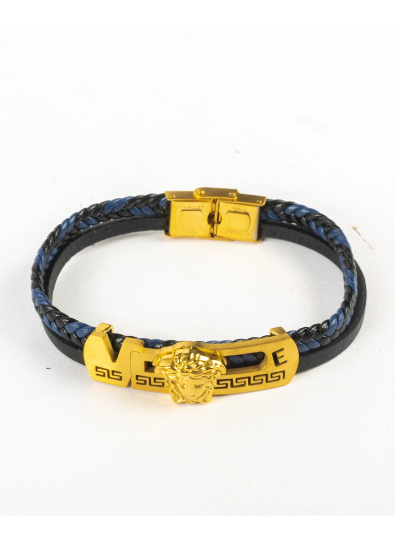 The Black Pearl Accessories - 2 Layers Black Blue Leather & Golden Medousa Stainless Steel Bracelet For Him - Image 1