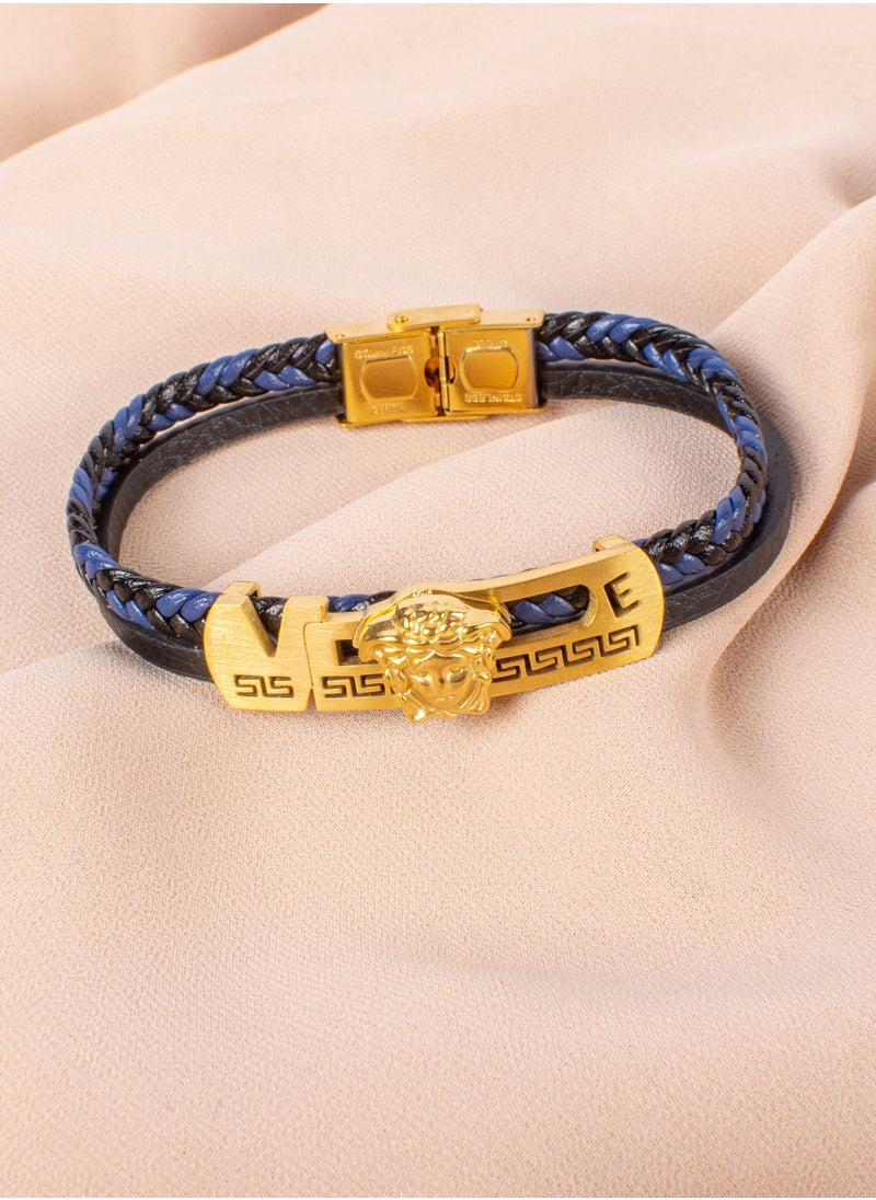 The Black Pearl Accessories - 2 Layers Black Blue Leather & Golden Medousa Stainless Steel Bracelet For Him - Image 1