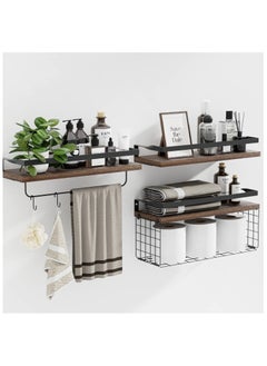 XiuWoo Bathroom Wall Shelves with Towel Bar Rack & Toilet Paper Storage Basket & Hooks, Over Toilet Bathroom Organizers and Storage, Hanging Wall Mounted Floating Shelf for Bathroom Wall Decor Brown  - Image 1