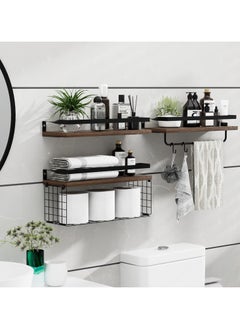 XiuWoo Bathroom Wall Shelves with Towel Bar Rack & Toilet Paper Storage Basket & Hooks, Over Toilet Bathroom Organizers and Storage, Hanging Wall Mounted Floating Shelf for Bathroom Wall Decor Brown  - Image 2