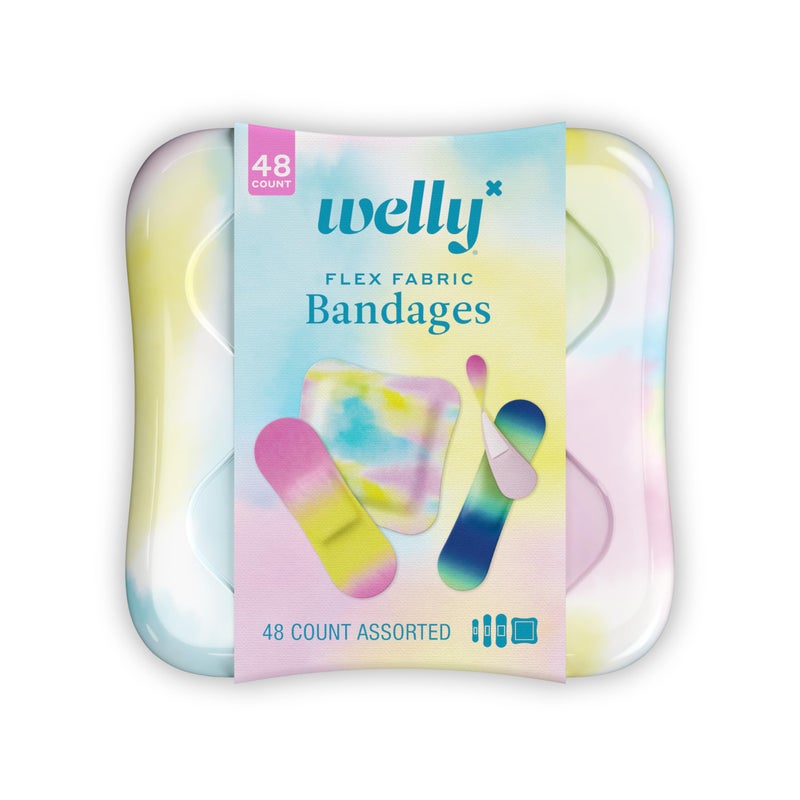 Welly Bandages | Adhesive Flexible Fabric Bravery Badges | Assorted Shapes for Minor Cuts, Scrapes, and Wounds | Colorful and Fun First Aid Tin | Colorwash Tie Dye Patterns - 48 Count - Image 1