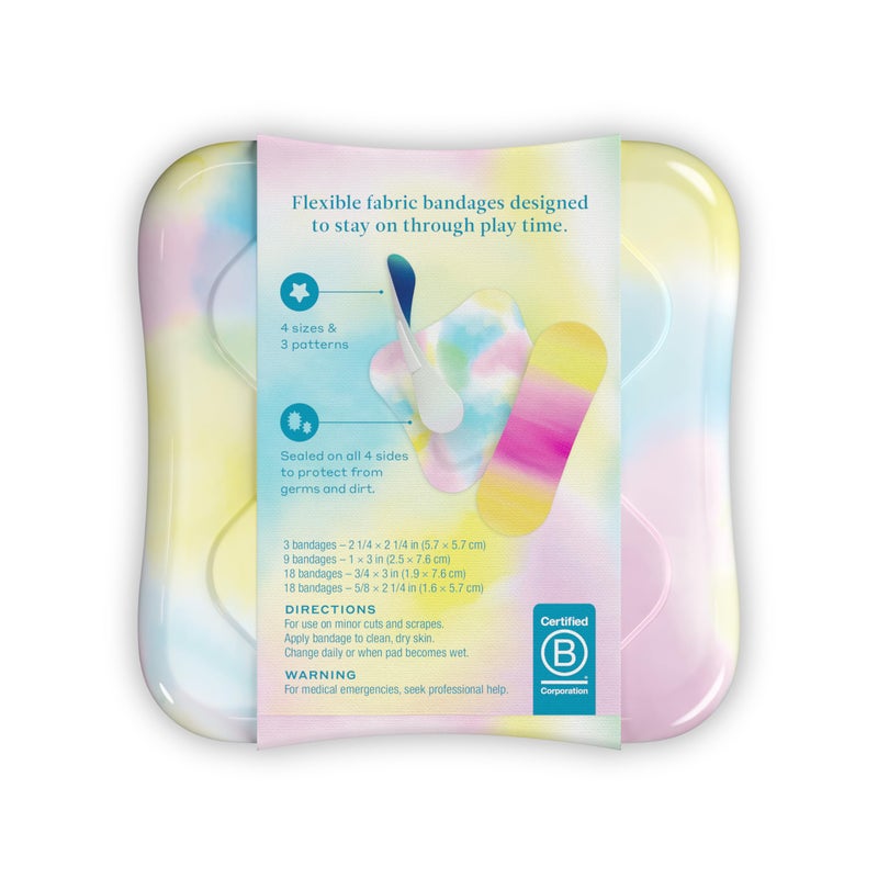 Welly Bandages | Adhesive Flexible Fabric Bravery Badges | Assorted Shapes for Minor Cuts, Scrapes, and Wounds | Colorful and Fun First Aid Tin | Colorwash Tie Dye Patterns - 48 Count - Image 2