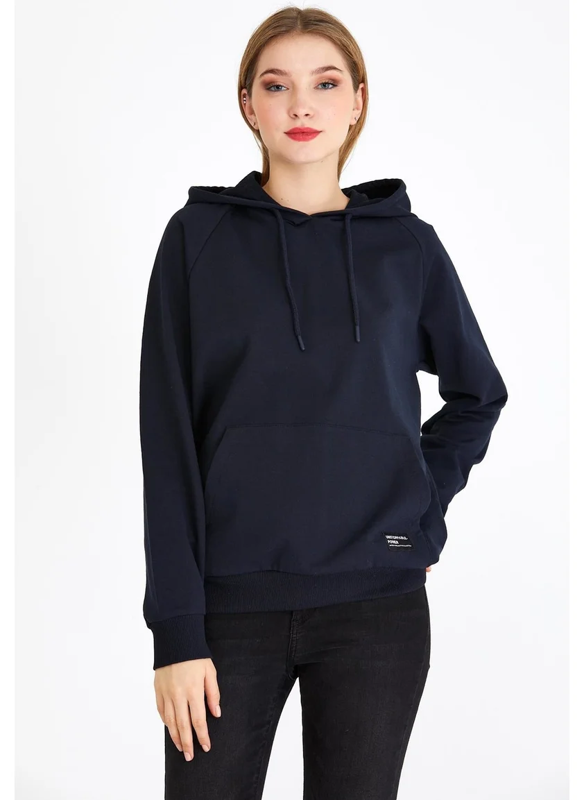 mmetalic Women's Navy Blue Hooded Basic Knitted Sweatshirt