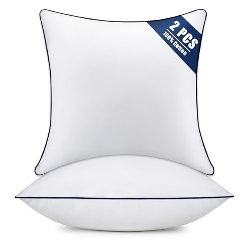 OKBA Throw Pillow Inserts Set of 2-Fluffy Square Cushions with 100% Cotton Covers-Decorative White Pillow Fillers for Sofa, Bed, Couch, Living Room, Indoor Hotel Pillows (14x14 Inch (Pack of 2)-Blue Edge) - Image 1