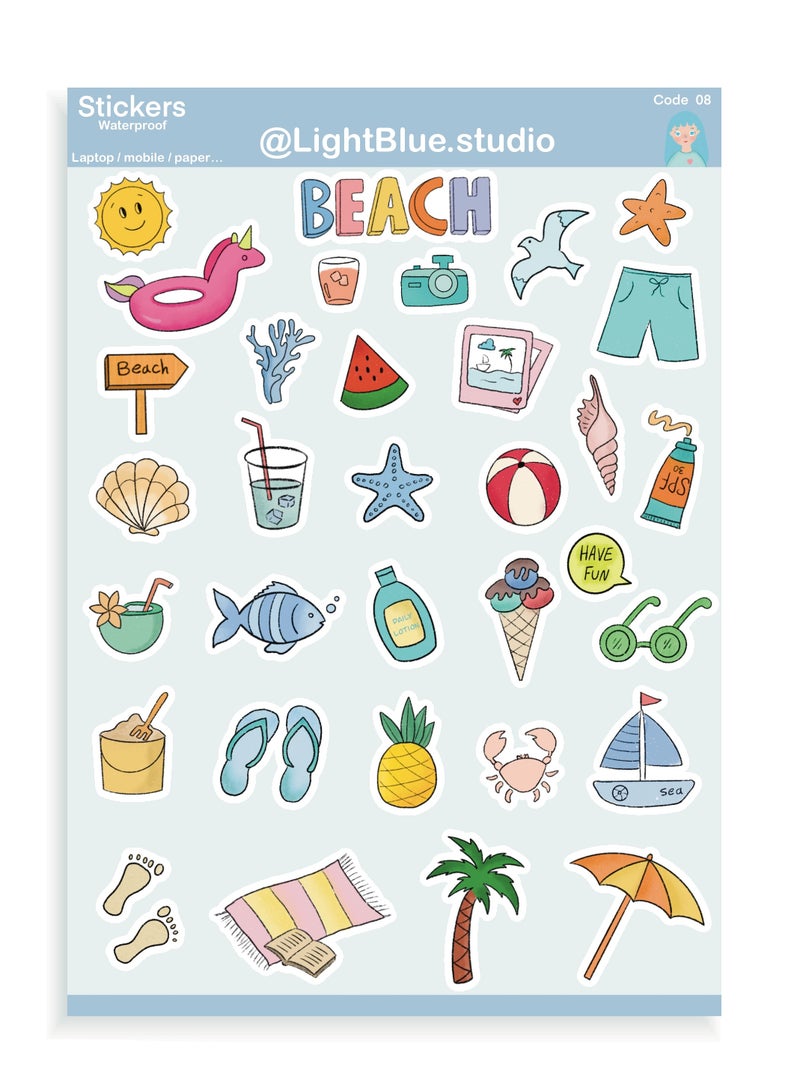 Boomah Accessories Set of 32-Pieces of Cute Beach Waterproof Vinyl Stickers , Laptop Vinyl Stickers , Mobile Vinyl Stickers, Vinyl Stickers for Skateboard Guitar Travel Case Graffiti Vinyl Stickers Door Luggage Car Bike Bicycle for Kids Teens Girls , Adults, nursery, A5 size